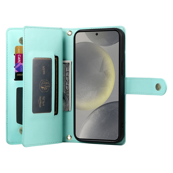 Klopové pouzdro pro Samsung Galaxy S25+ Plus, Wallet Zipper Pocket, zelené
