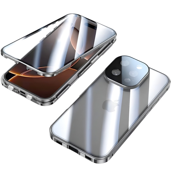 Pouzdro pro iPhone 16 Pro, Magnetic Dual Glass, stříbrné