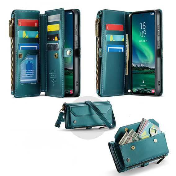 Pouzdro CASEME pro Samsung Galaxy S25 FE, RFID Leather Wallet, s popruhem přes rameno, zelené