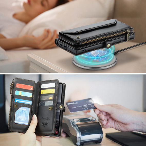 Pouzdro CASEME pro Samsung Galaxy S25 FE, RFID Leather Wallet, s popruhem přes rameno, černé