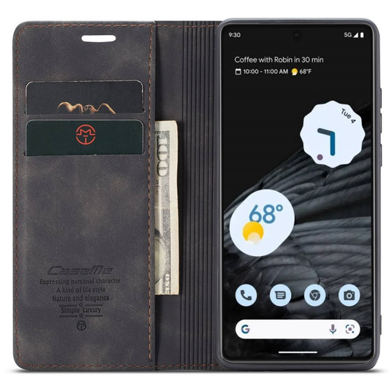 Pouzdro CASEME pro Google Pixel 7, Leather Wallet Case, černé