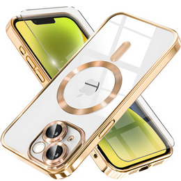 Pouzdro pro iPhone 14, Electro MagSafe, zlaté + sklo na displej