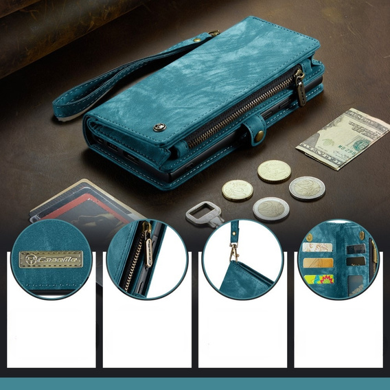 CASEME pouzdro pro Samsung Galaxy A56 5G, Retro Leather Wallet, s páskem, zelené