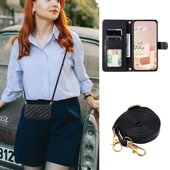 Pouzdro s klopou pro iPhone 16 Plus, Rhombus Crossbody Leather, černé