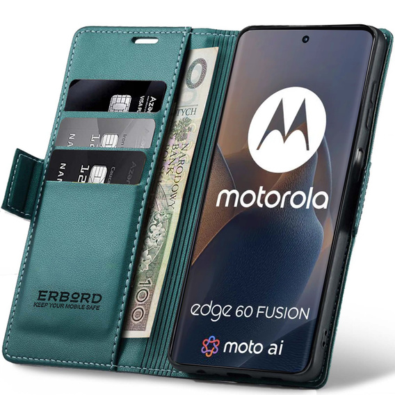 Pouzdro pro Motorola Edge 60 / 60 Fusion, ERBORD Glossy Litchi, flipová peněženka, zelené