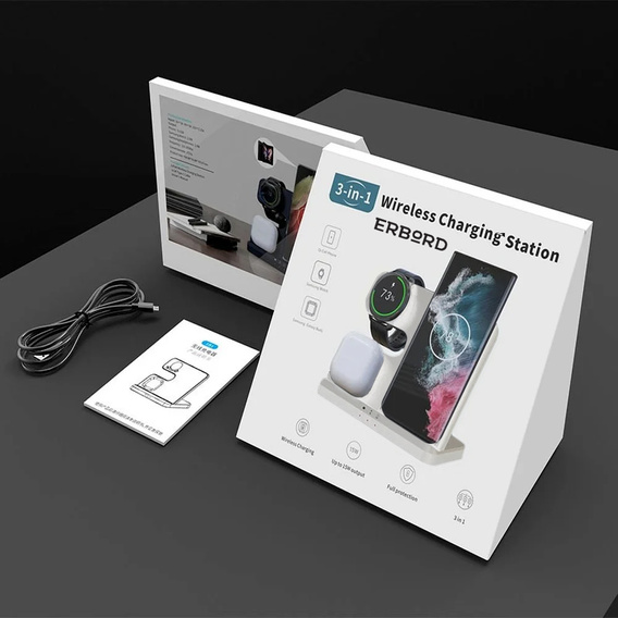 Bezdrátová indukční nabíječka 3v1 QI rychlá pro Samsung S25 S24 S23 Galaxy Watch Buds Stanice bílá