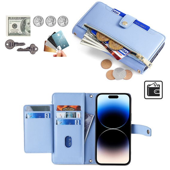 Klopové pouzdro pro iPhone 14 Pro Max, Wallet Zipper Pocket, modré
