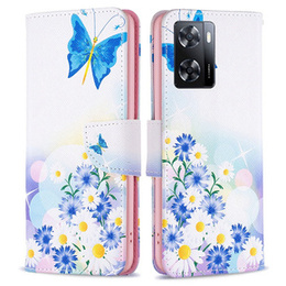 Klopové pouzdro pro OPPO A57 / A57s, Wallet, butterfly & flowers, bílé