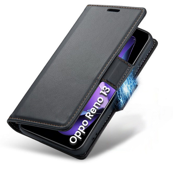 Pouzdro pro Oppo Reno 13, ERBORD Glossy Litchi, flipová peněženka, černé