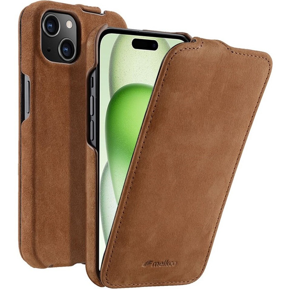 MELKCO flipové pouzdro pro iPhone 15, kožené, flipové, káva