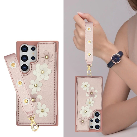 Pouzdro pro Samsung Galaxy S24 Ultra, Leather Flower Card Slot, růžové