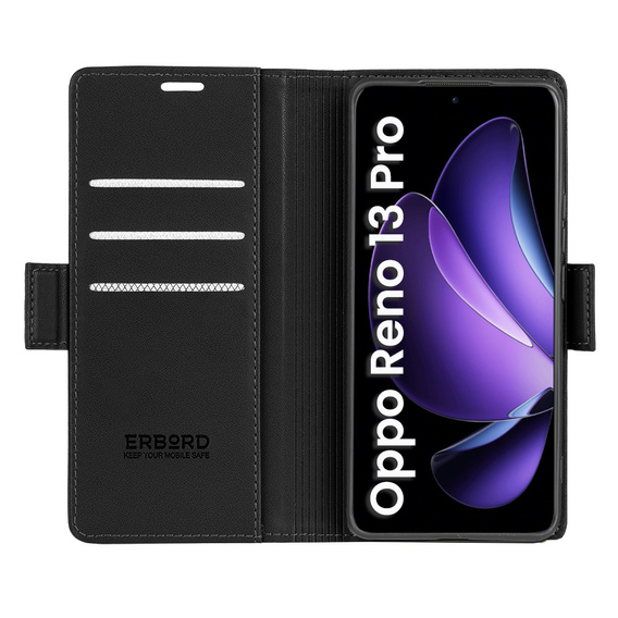 Pouzdro pro Oppo Reno 13 Pro, ERBORD Glossy Litchi, flipová peněženka, černé