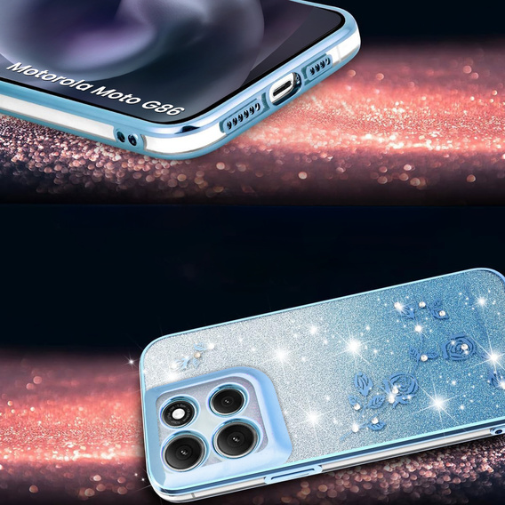 Pouzdro pro Motorola Moto G86 5G, Glitter Flower, modré