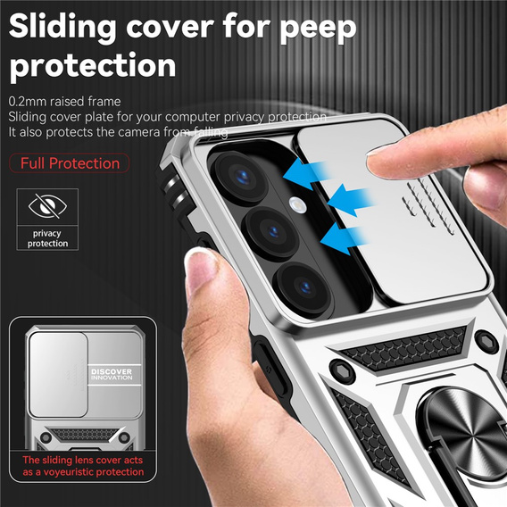 Pevné pouzdro s podstavcem a krytem objektivu pro Samsung Galaxy S26, stříbrné