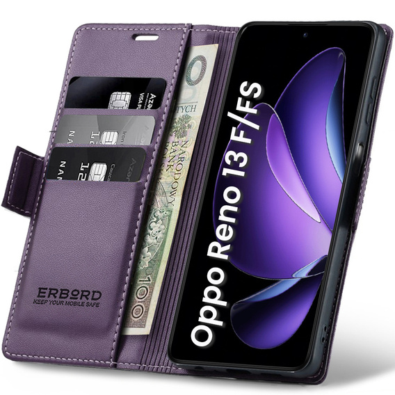 Pouzdro pro Oppo Reno 13F / Oppo Reno 13FS, ERBORD Glossy Litchi, flipová peněženka, fialové
