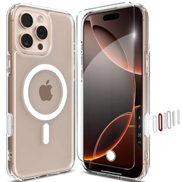 Pouzdro ERBORD MagSafe pro iPhone 16 Pro Max, aktivní tlačítko, průhledné + sklo na displej