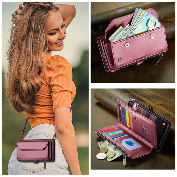 Pouzdro CASEME pro Samsung Galaxy A56 5G, RFID Leather Wallet, s popruhem přes rameno, červené