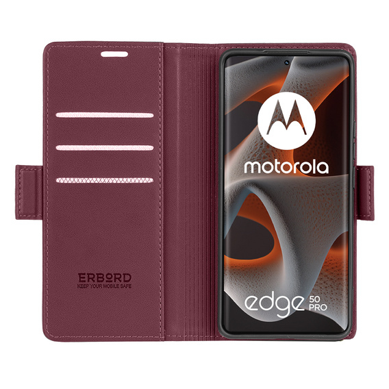 Pouzdro pro Motorola Edge 50 Pro, ERBORD Glossy Litchi, flipová peněženka, červené