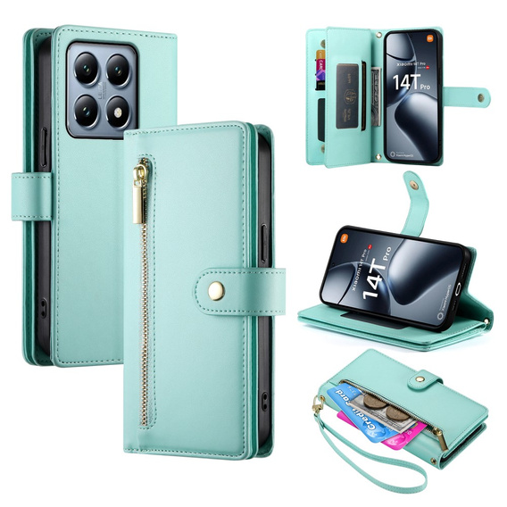 Klopové pouzdro pro Xiaomi 14T Pro, Wallet Zipper Pocket, zelené