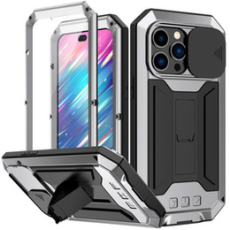 Pouzdro pro iPhone 14 Pro, R-JUST CamShield Slide, pancéřované, stříbrné / černé