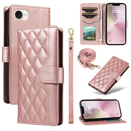 Pouzdro s klopou pro iPhone 16E, Rhombus Crossbody Leather, růžové rose gold