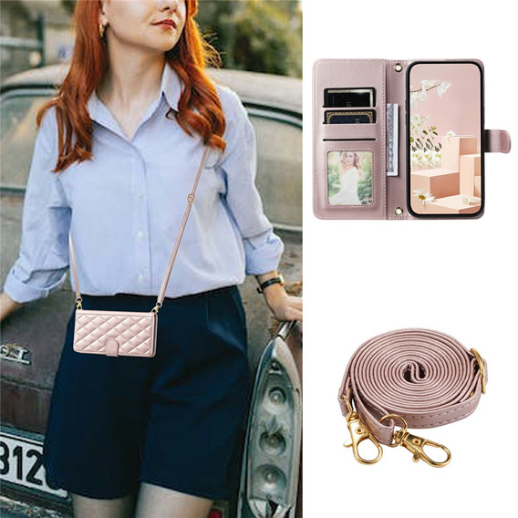 Pouzdro s klopou pro Samsung Galaxy S25 FE, Rhombus Crossbody Leather, růžové rose gold