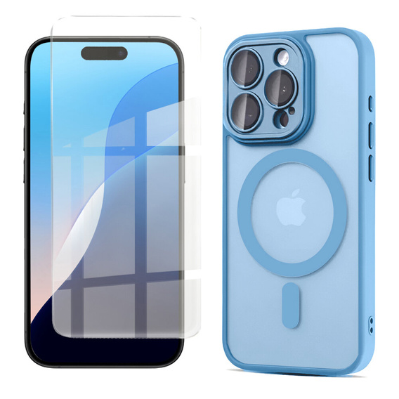 Pouzdro pro iPhone 16 Pro Max, pro MagSafe, ERBORD Matt Case, modrý + sklo na displej