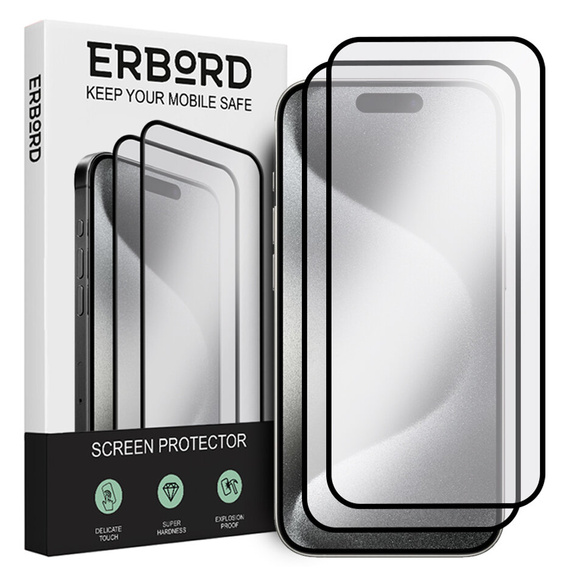 2x tvrzené sklo pro iPhone 15 Pro, ERBORD 3D pro celý displej