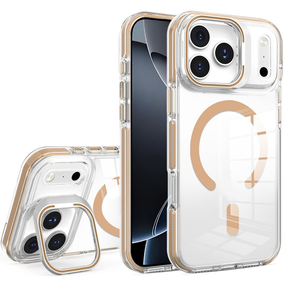 Pouzdro pro iPhone 17 Pro Max, pro MagSafe, se stojánkem, průhledné se zlatými vložkami