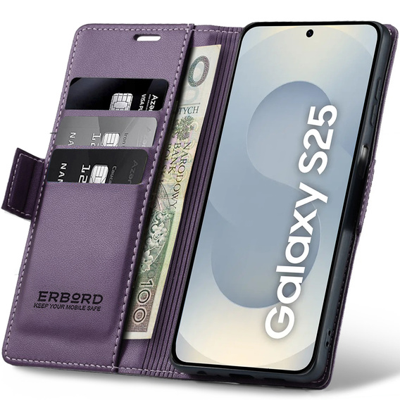 Pouzdro pro Samsung Galaxy S25, ERBORD Glossy Litchi, flipová peněženka, fialové