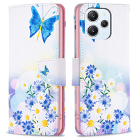 Klopové pouzdro pro Xiaomi Redmi 12 4G, Wallet, butterfly & flowers, bílé