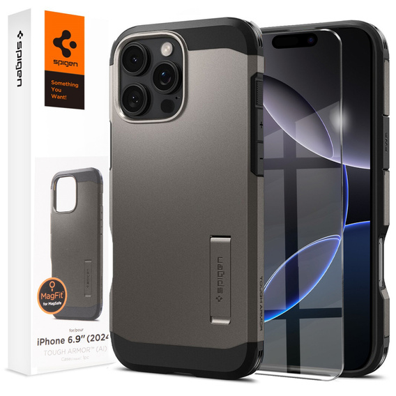 Pouzdro Spigen pro iPhone 16 Pro Max, Tough Armor Mag MagSafe, šedé + 9H tvrzené sklo