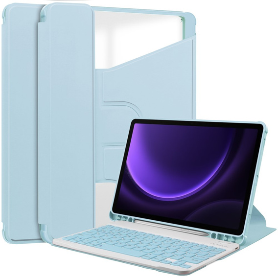 Pouzdro s klávesnicí pro Samsung Galaxy Tab S9 FE+ Plus, Rotary 360° Leather, světle modré