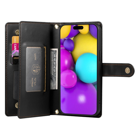 Klopové pouzdro pro iPhone 16 Plus, Wallet Zipper Pocket, černé