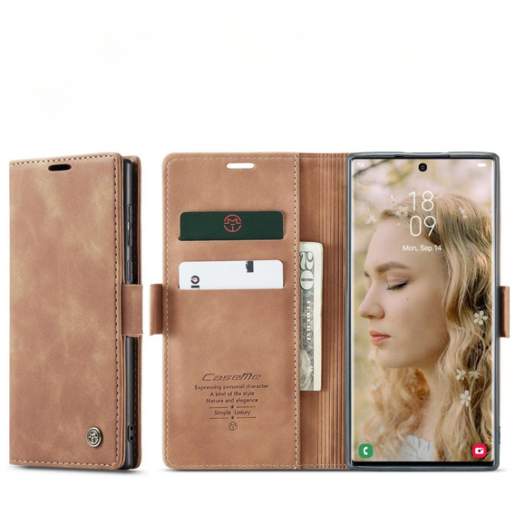 Pouzdro CASEME pro Samsung Galaxy S22 Ultra, Leather Wallet Case, hnědé