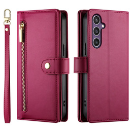 Klopové pouzdro pro Samsung Galaxy S25, Wallet Zipper Pocket, červené