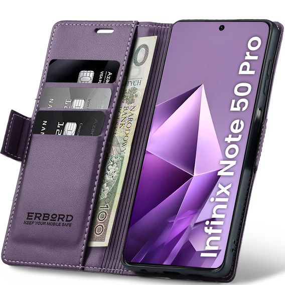 Pouzdro pro Infinix Note 50 Pro, ERBORD Glossy Litchi, flipová peněženka, fialové