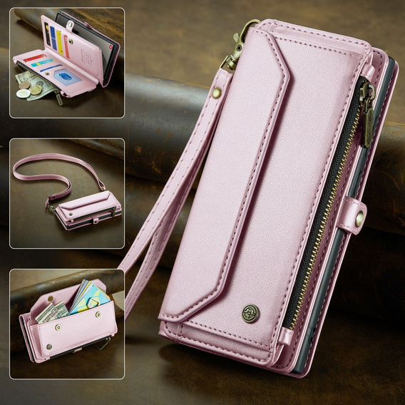 Pouzdro CASEME pro Samsung Galaxy S25 Ultra, RFID Leather Wallet, s popruhem přes rameno, růžové