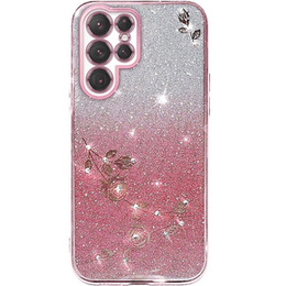 Pouzdro pro Samsung Galaxy S23 Ultra, Glitter Flower, růžové rose gold