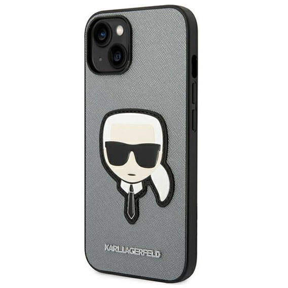 Pouzdro Karl Lagerfeld pro iPhone 14, Saffiano Karl's Head Patch, stříbrné
