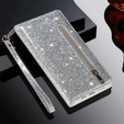 Klopové pouzdro pro Samsung Galaxy A56 5G, Wallet Zipper Pocket Glittery, stříbrné