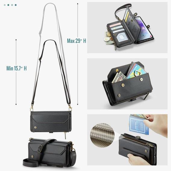 Pouzdro CASEME pro Samsung Galaxy A55 5G, RFID Leather Wallet, s popruhem přes rameno, černé