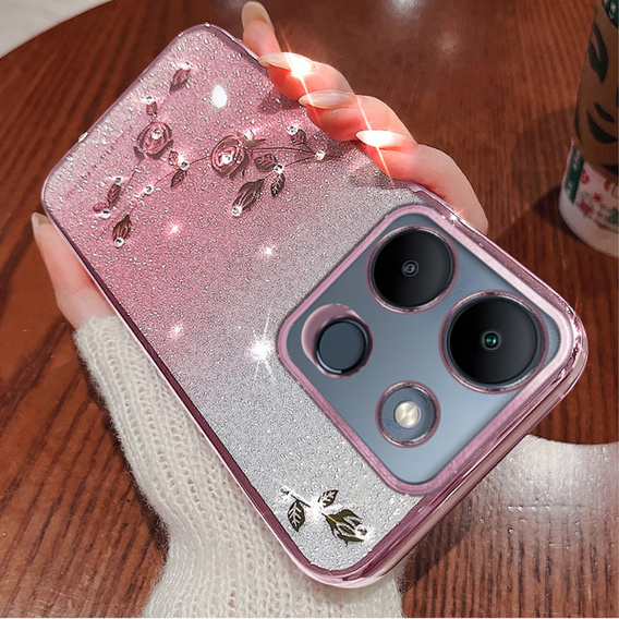 Pouzdro pro Infinix Smart 7 4G, Glitter Flower, růžové rose gold