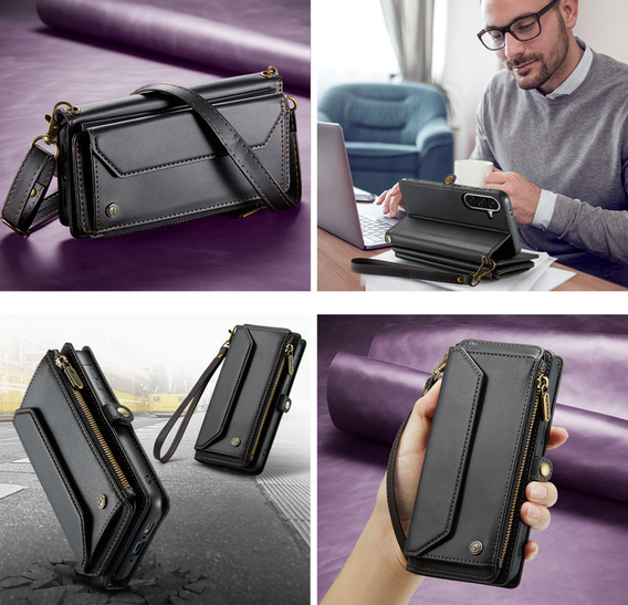 Klopové pouzdro pro Samsung Galaxy A17 5G, peněženkové pouzdro se zámkem a popruhy - černé