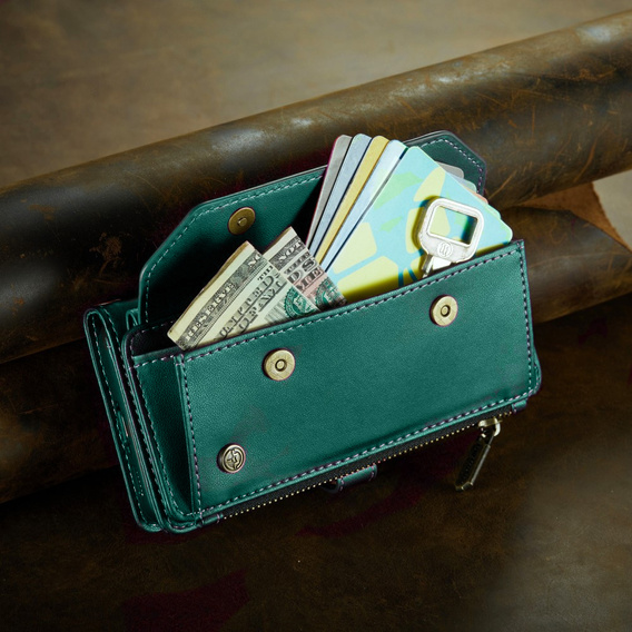 Pouzdro CASEME pro Samsung Galaxy S24 FE, RFID Leather Wallet, s popruhem přes rameno, zelené