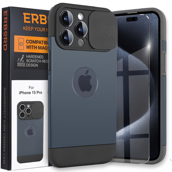 Pouzdro pro iPhone 15 Pro Max, ERBORD MagProtect Slide Camera, titanově modrá