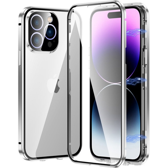 Pouzdro pro iPhone 15 Pro, Magnetic Dual Glass, stříbrné