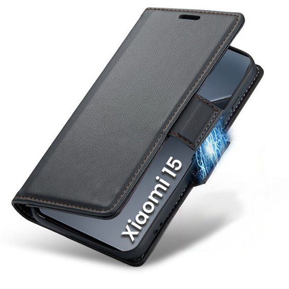 Pouzdro pro Xiaomi 15, ERBORD Glossy Litchi, flipová peněženka, černé