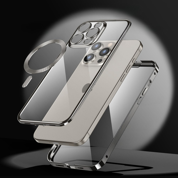 Pouzdro pro iPhone 15 Pro Max, Privacy Dual Glass, pro MagSafe, stříbrné