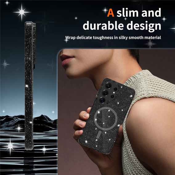 Brokatové pouzdro, pro MagSafe pro Samsung Galaxy S26 Ultra, průhledné / černé